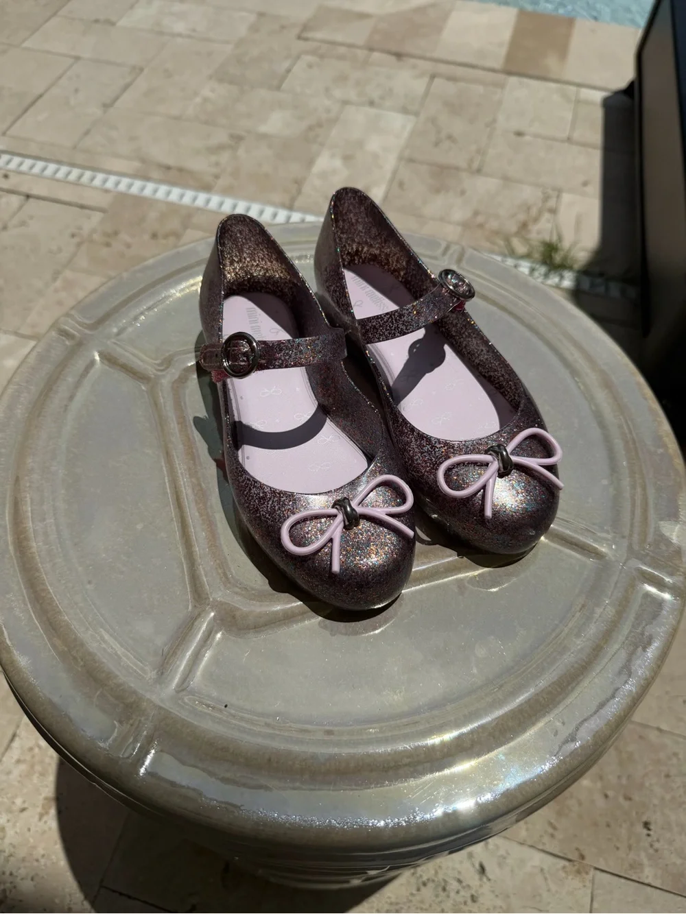 Mini Melissa Girls' Glitter Mary Jane Ballet Flats with Pink Bow girl size 12